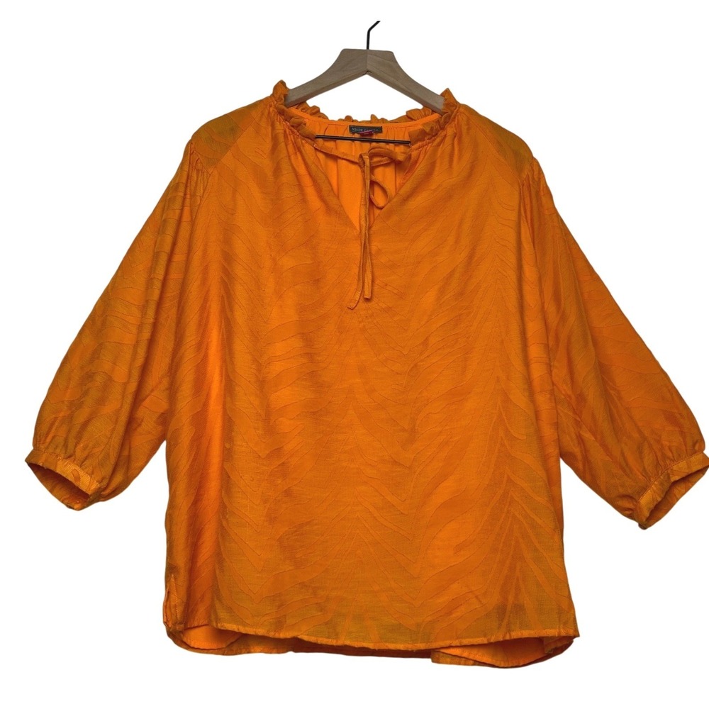 Vince Camuto Orange Boho Textured Burnout Ruffle Neck Tie Neck Blouse Top‎ 1X